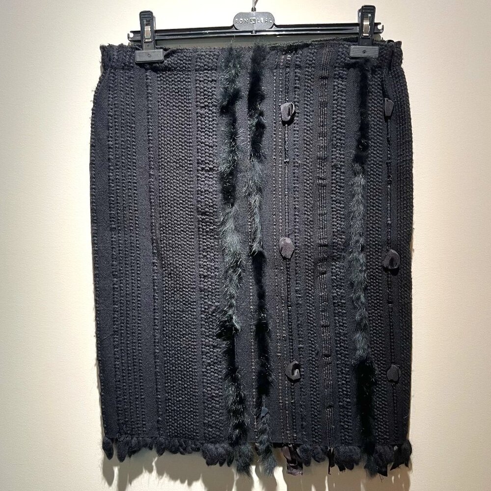Gucci by Tom Ford Black Knit Wool Fur Trim Ribbon Skirt, Sz 44 Used-Great, Italy